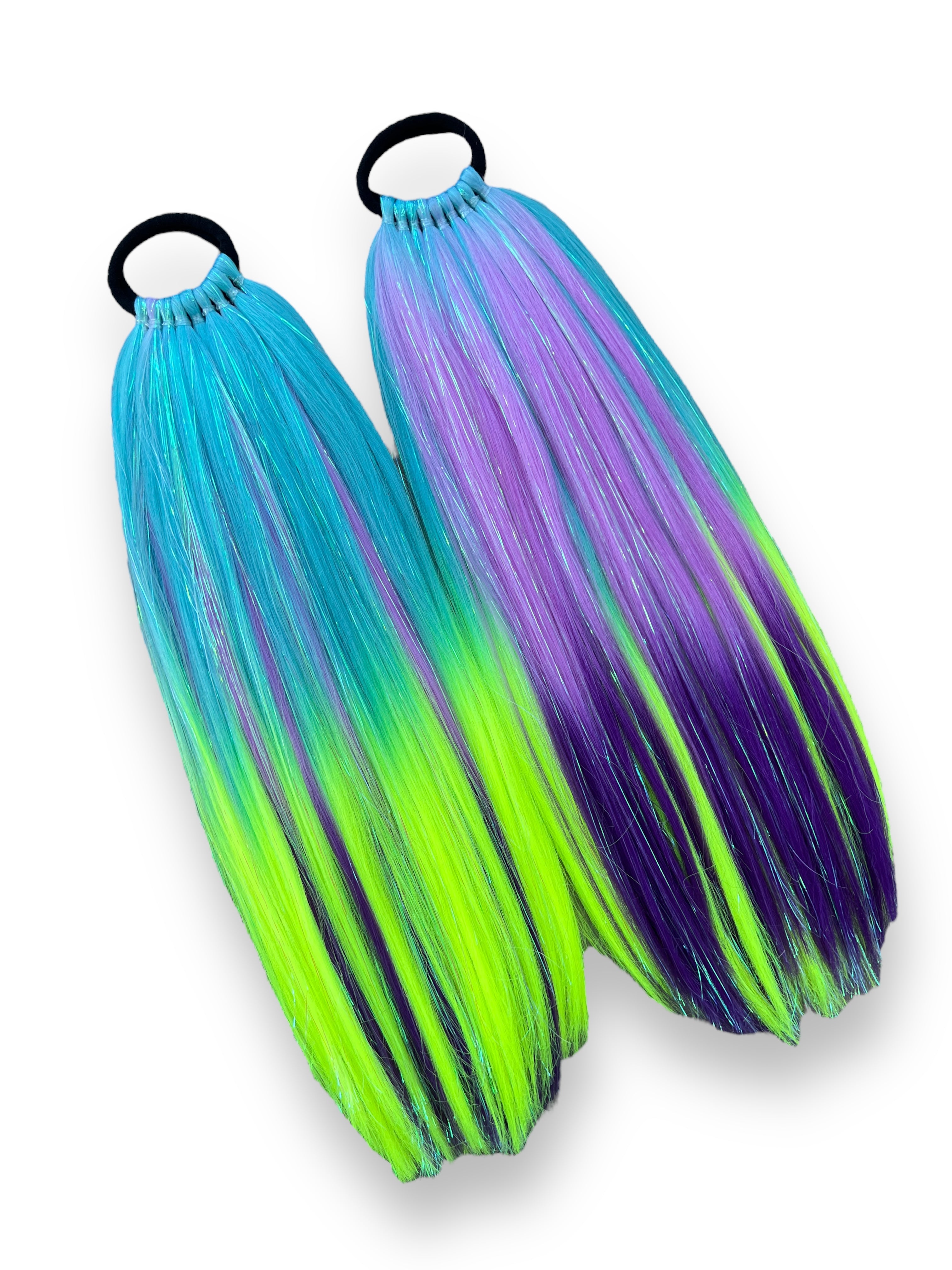 2 Venom Purple/Neon/Teal with Iridescent Tinsel Ponytail Extensions